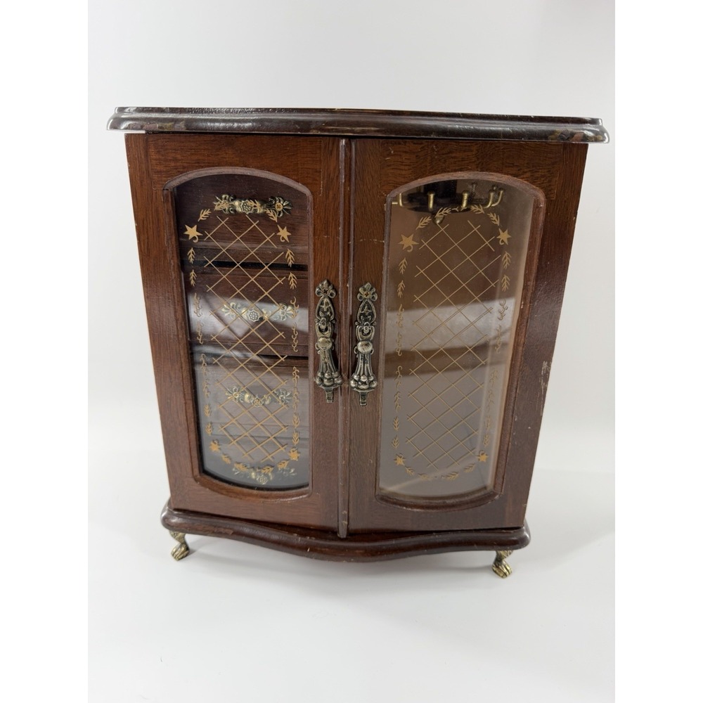 Vtg Wood Jewelry Armoire Glass Etched Doors Rotating Carousel Claw Feet 4 Drawer